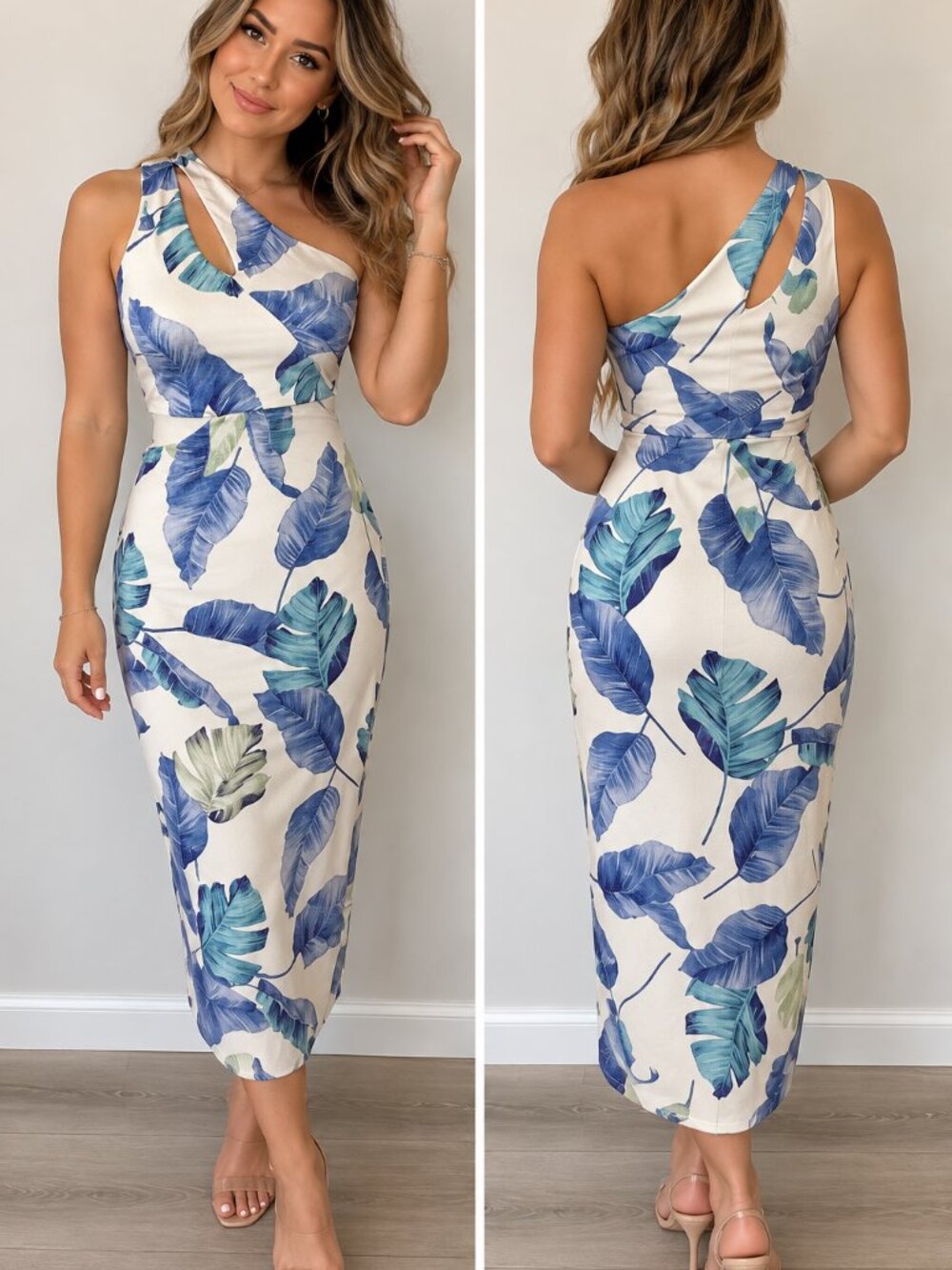 Lulus Tropical Leaf One Shoulder Cutout Midi Dress Size Medium